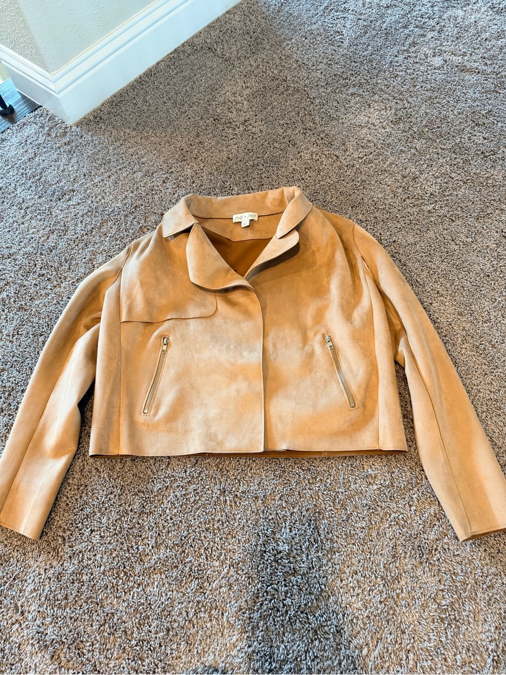 She + Sky Tan Suede Bomber Cropped Jacket